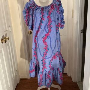 Vintage Hilo Hattie Hawaiian Muumuu Dress Pink Blue Floral Made in Hawaii Medium